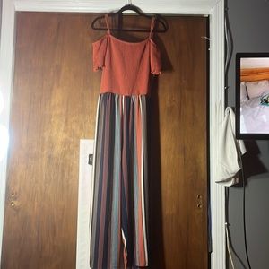 Orange and blue off the shoulder jumpsuit